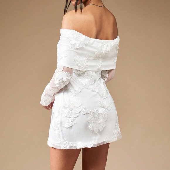 White Elegant Womens Embroidered Off Shoulder Long Sleeve Mini Bardot Dress - Picture 2 of 7